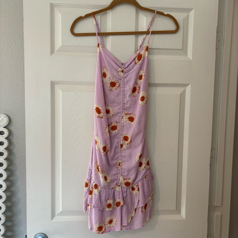Love Tree Purple Daisy Ruched Dress with Keyhole Back Spaghetti Strap Size M